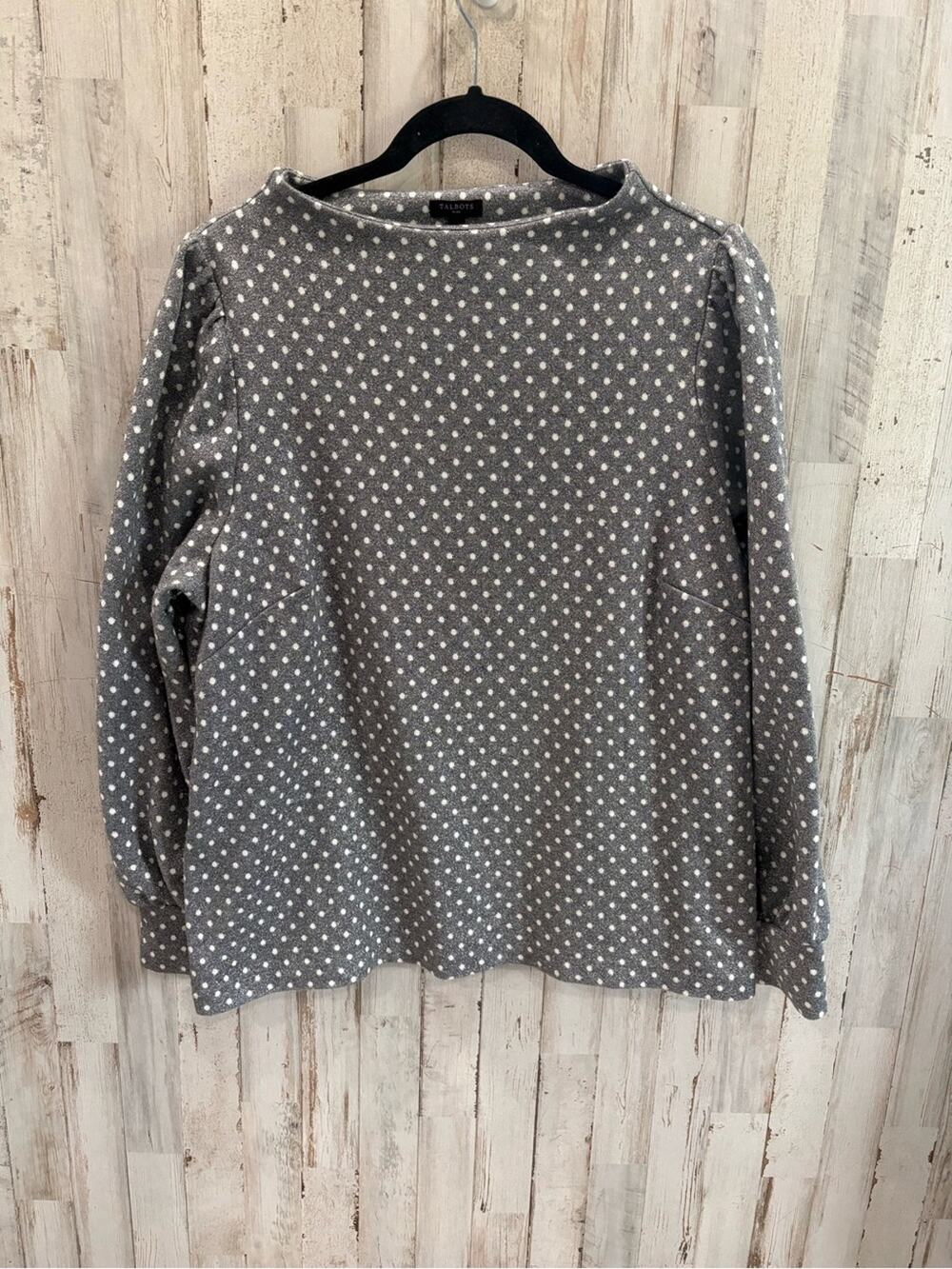 Talbots Plus 1X Gray Shimmer White Polka Dot Knit Top Long Sleeve Casual Soft ￼